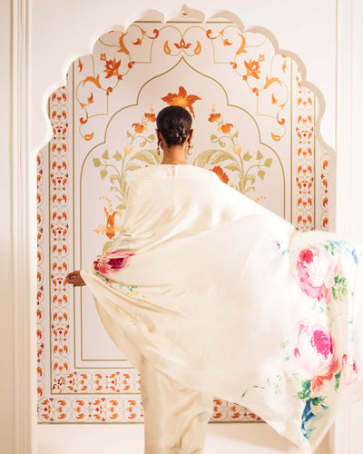 White Satin Crepe Silk Saree