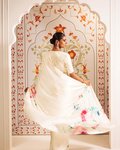 White Satin Crepe Silk Saree