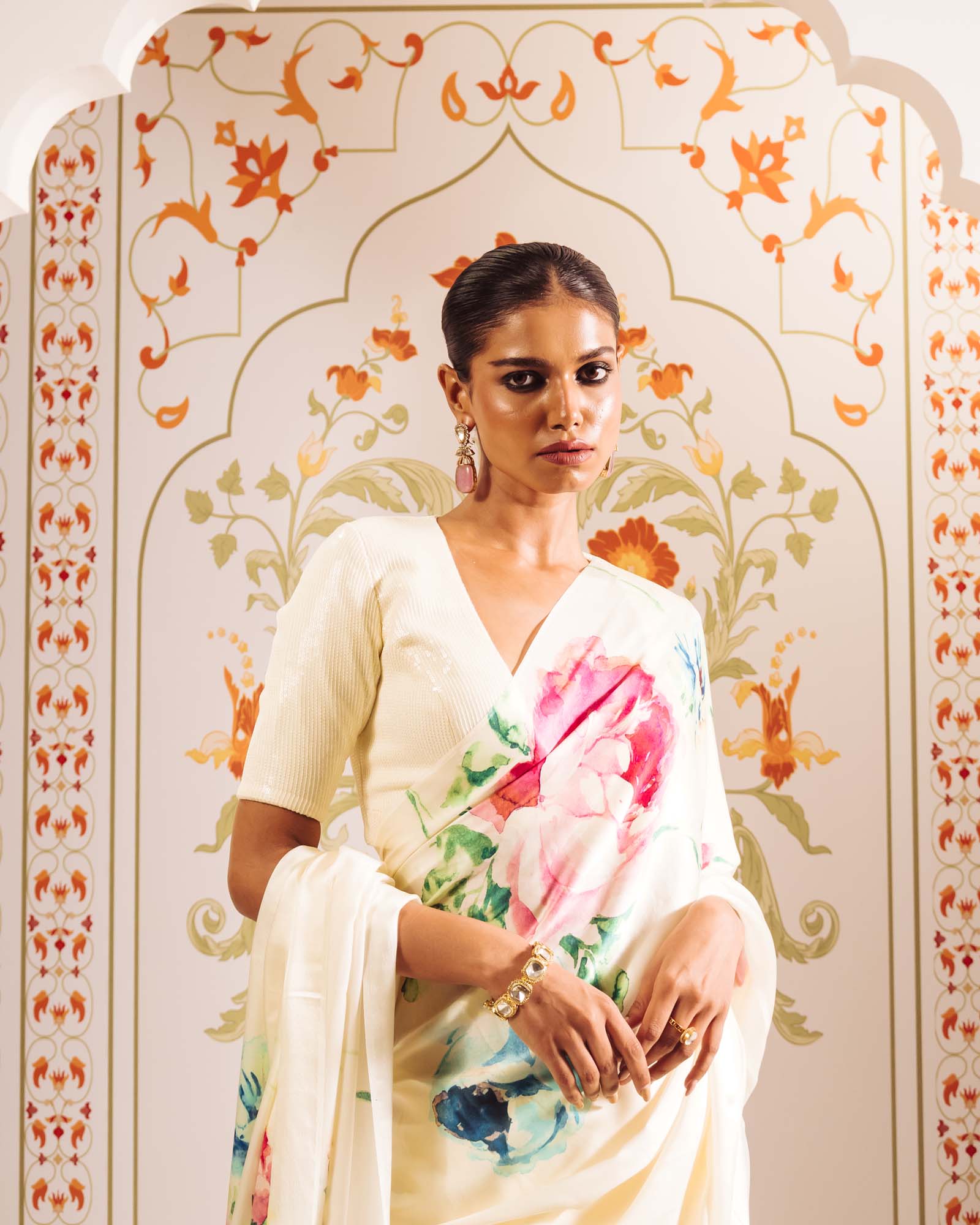 White Satin Crepe Silk Saree