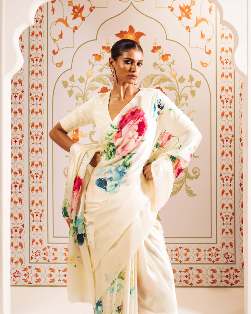 White Satin Crepe Silk Saree