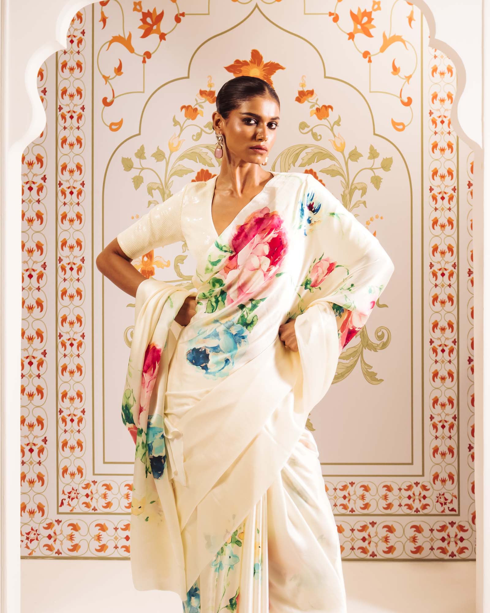 White Satin Crepe Silk Saree