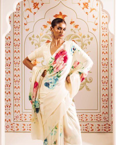 White Satin Crepe Silk Saree