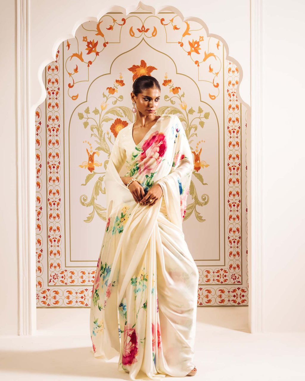 White Satin Crepe Silk Saree