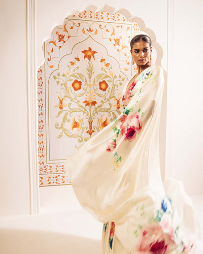 White Satin Crepe Silk Saree