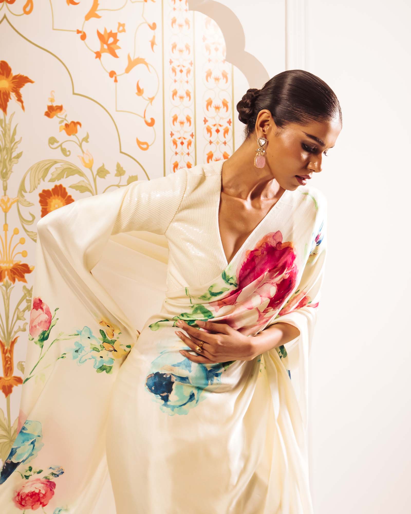 White Satin Crepe Silk Saree