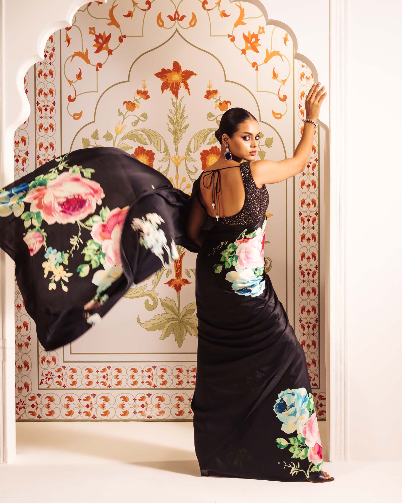 Black Satin Crepe Saree