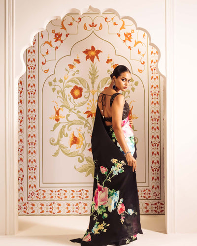 Black Satin Crepe Saree
