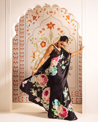 Black Satin Crepe Saree