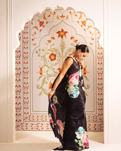 Black Satin Crepe Saree