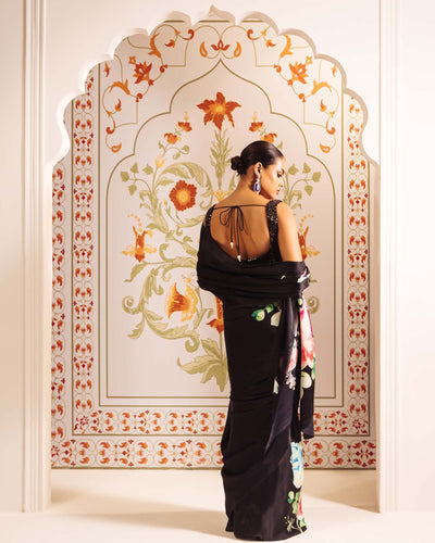 Black Satin Crepe Saree