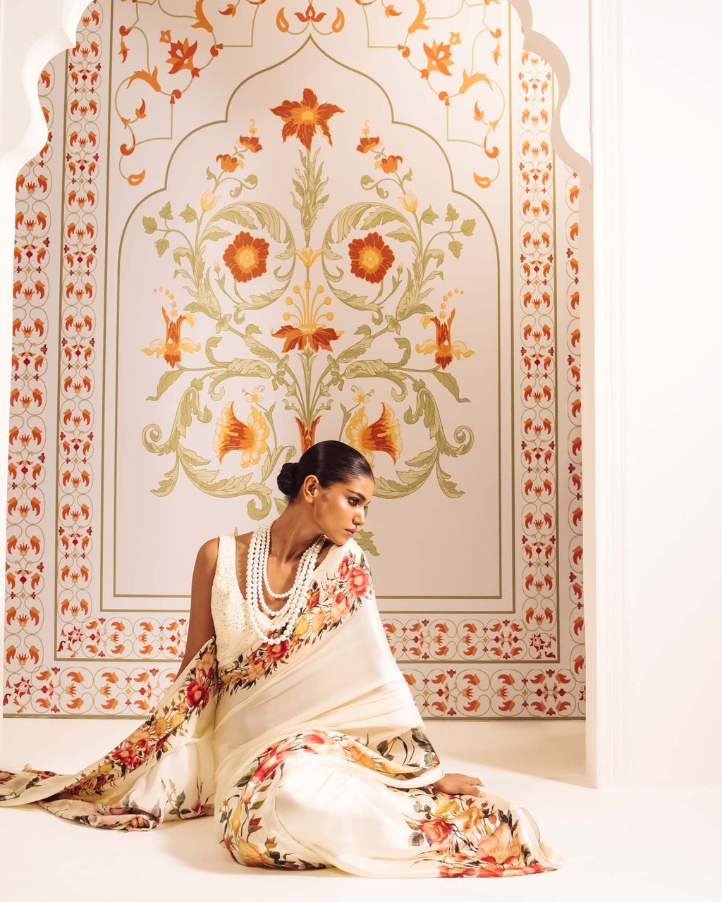 Cream Satin Crepe Silk Saree