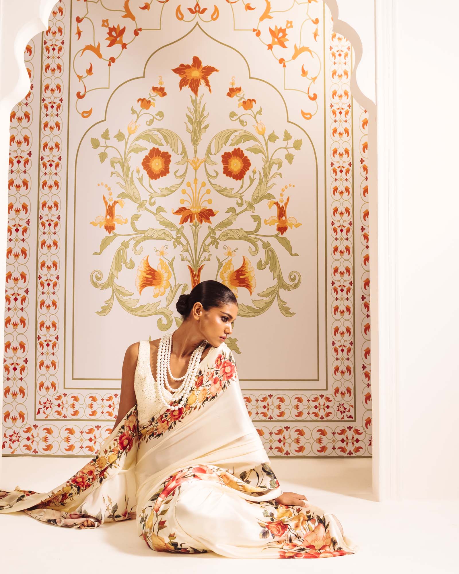 Cream Satin Crepe Silk Saree
