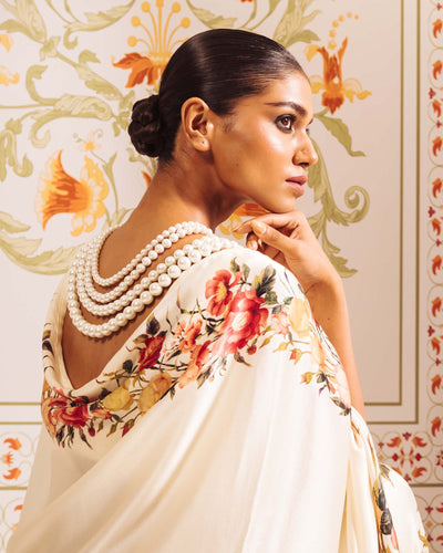 Cream Satin Crepe Silk Saree