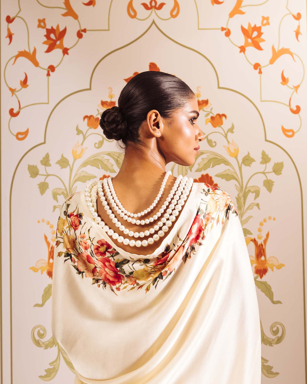Cream Satin Crepe Silk Saree