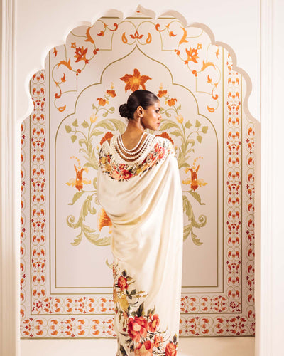Cream Satin Crepe Silk Saree