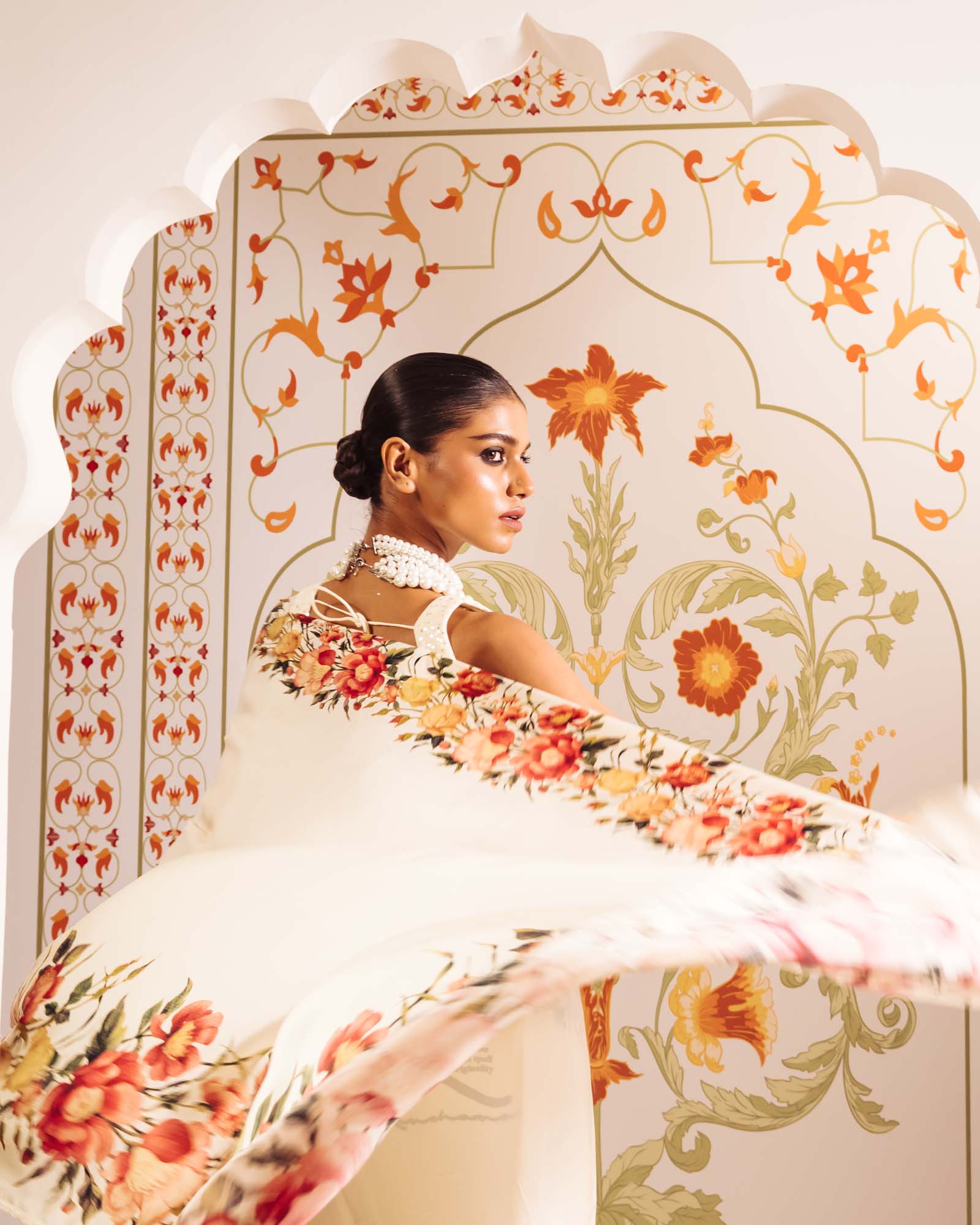 Cream Satin Crepe Silk Saree
