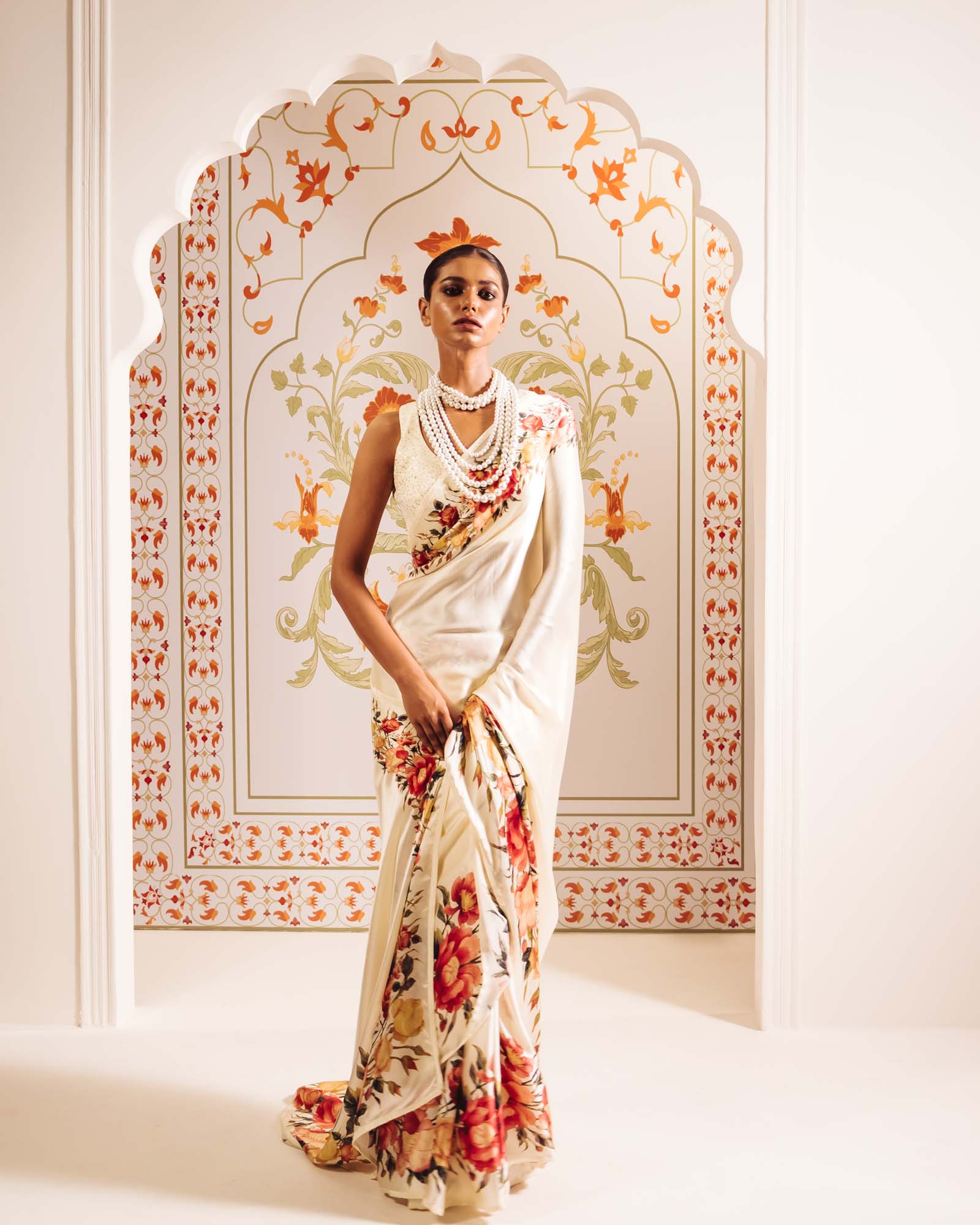 Cream Satin Crepe Silk Saree
