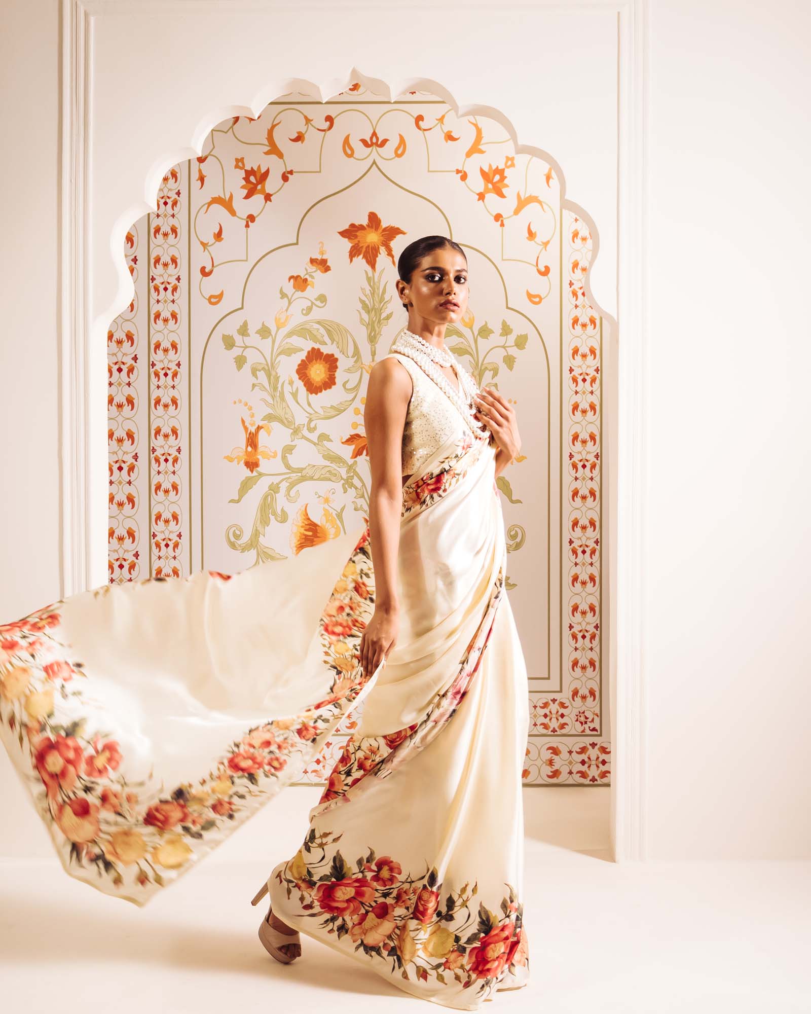 Cream Satin Crepe Silk Saree