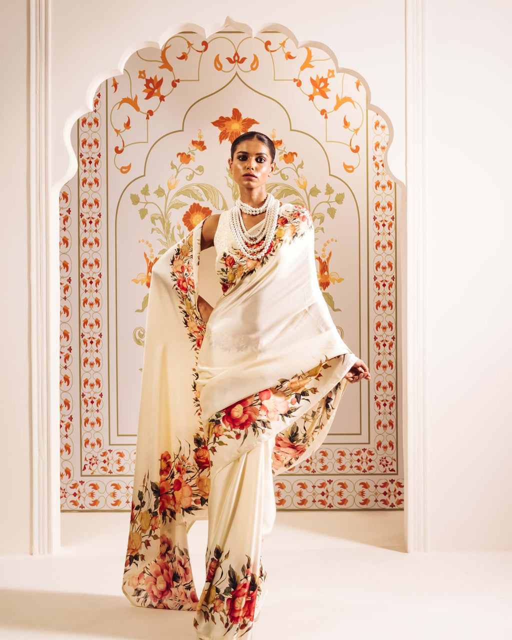 Cream Satin Crepe Silk Saree