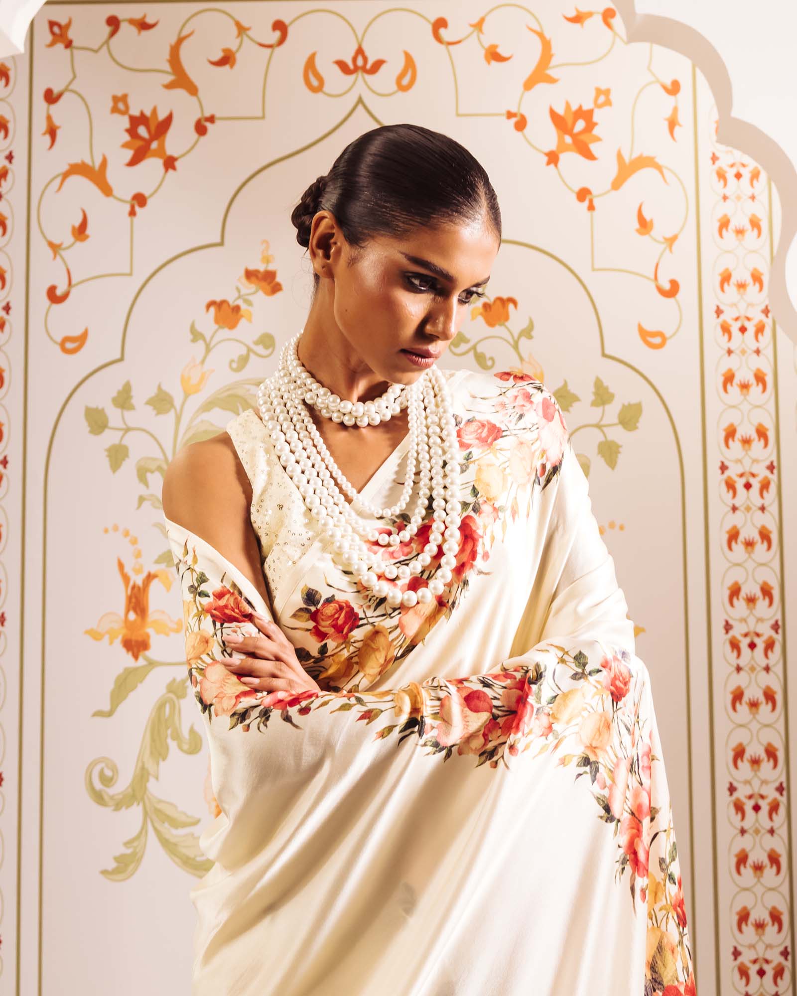 Cream Satin Crepe Silk Saree