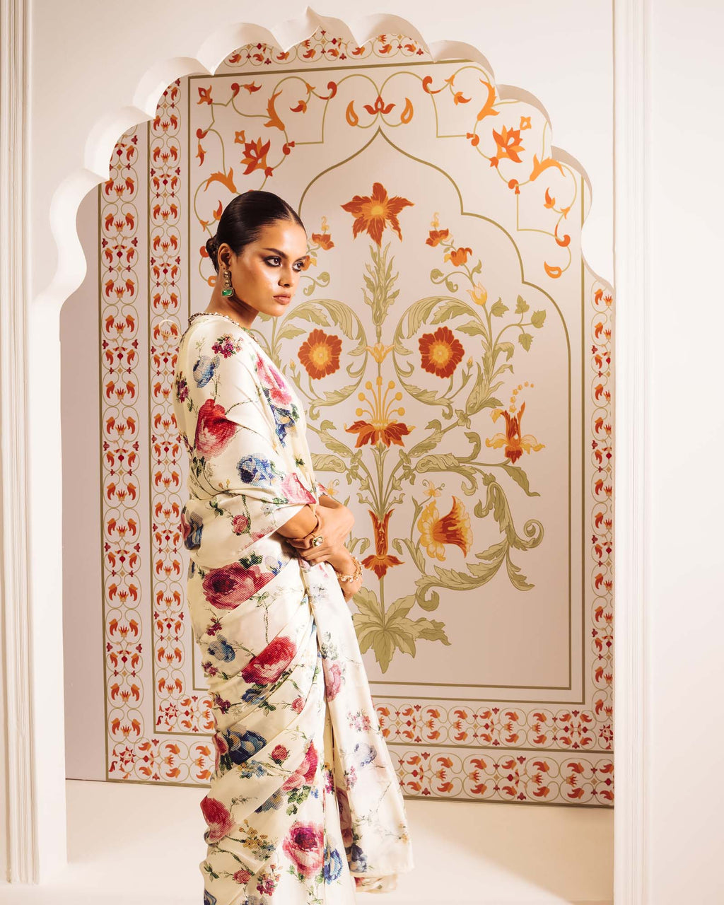 White Satin Crepe Silk Saree