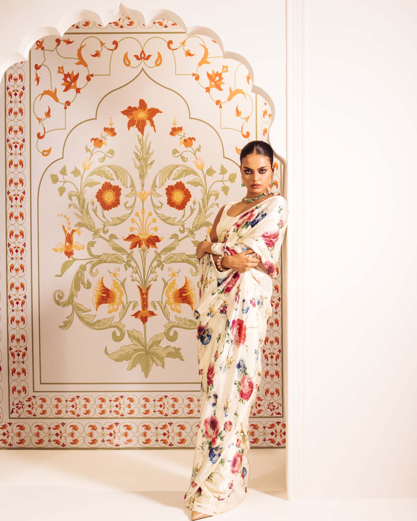 White Satin Crepe Silk Saree