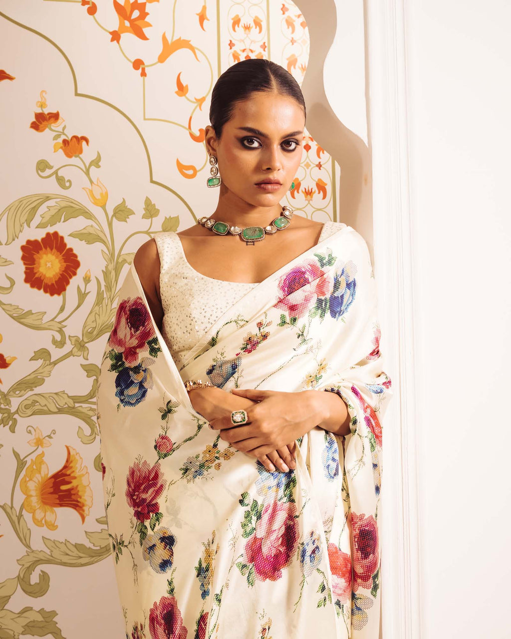White Satin Crepe Silk Saree