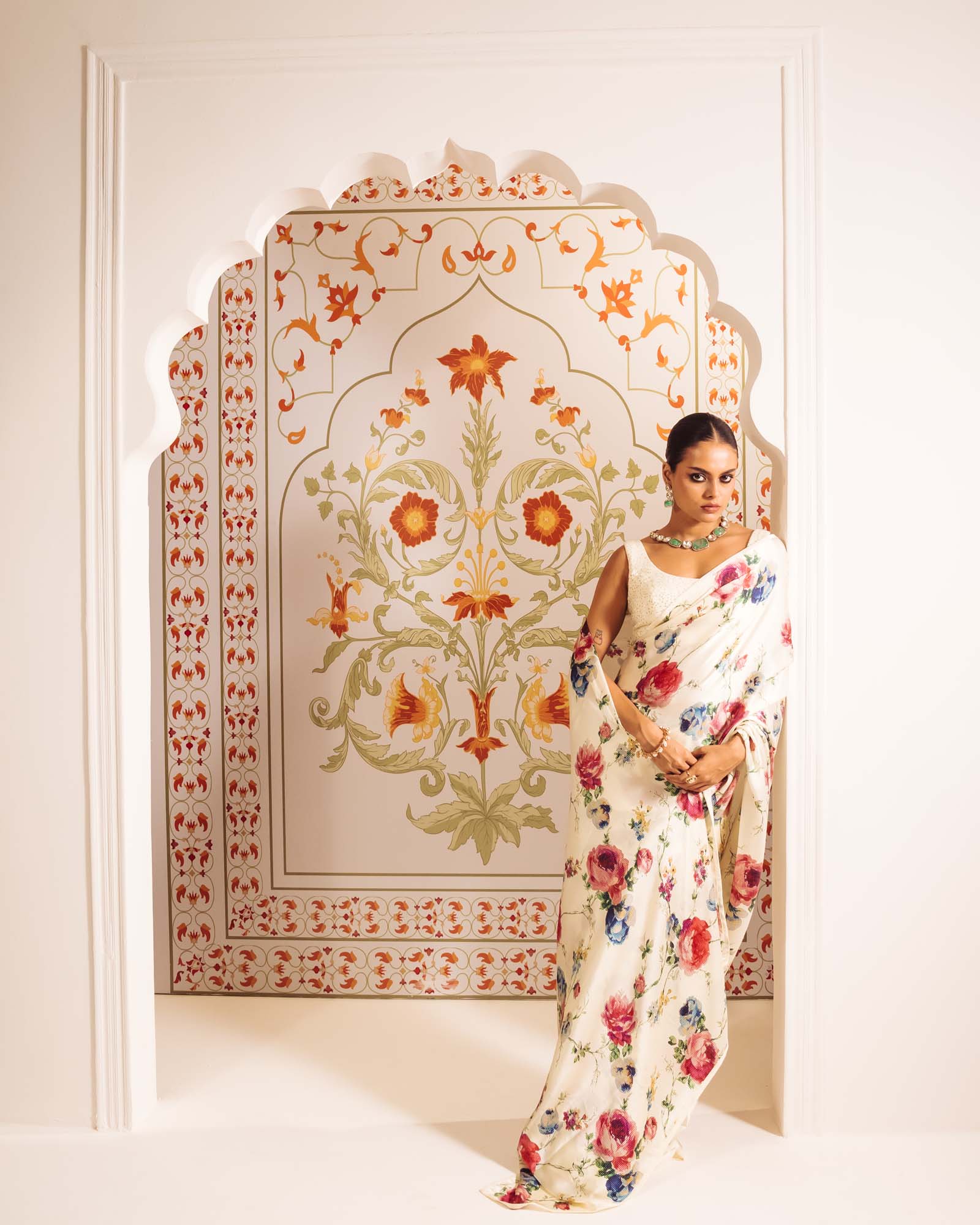 White Satin Crepe Silk Saree