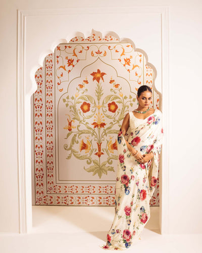 White Satin Crepe Silk Saree