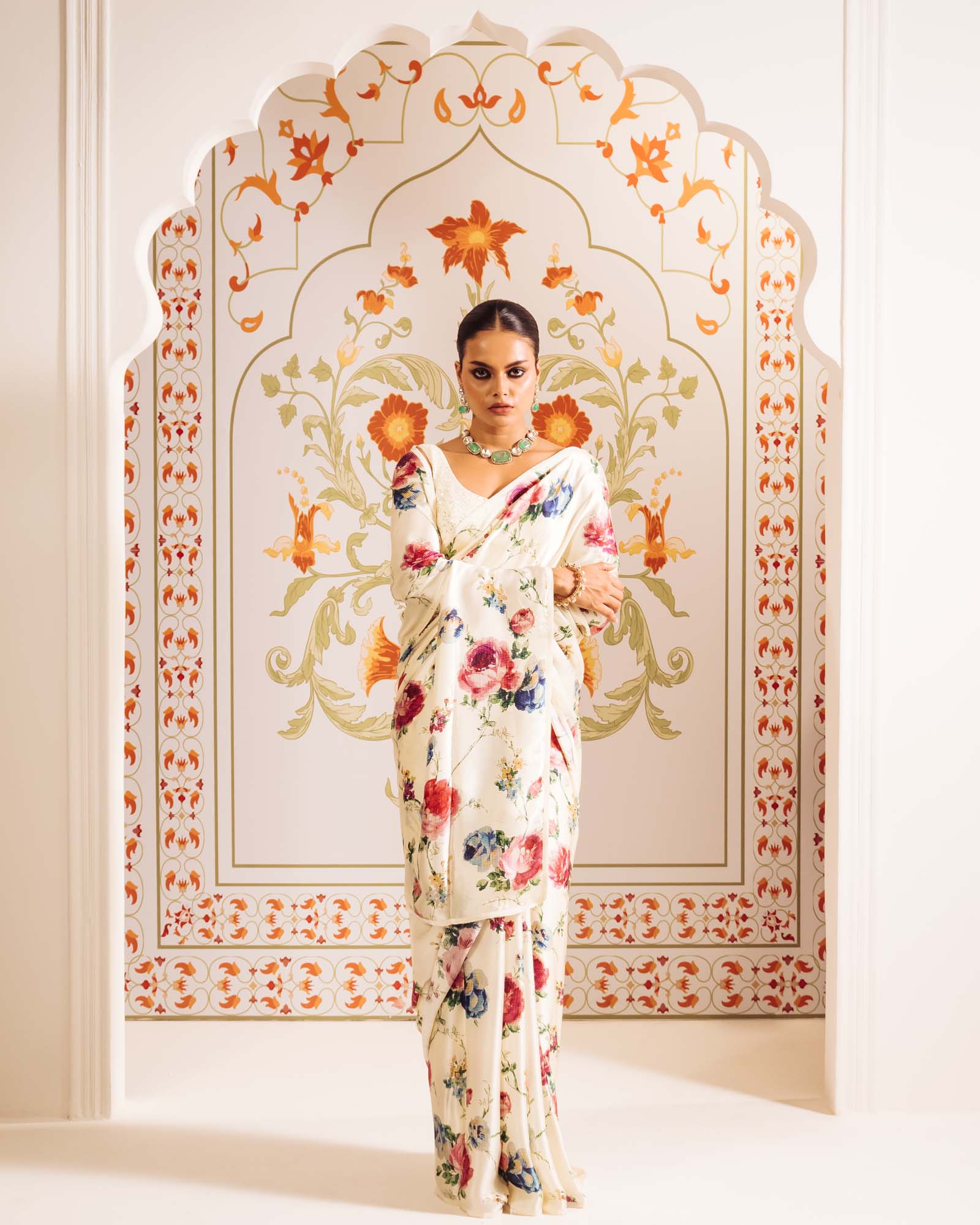 White Satin Crepe Silk Saree