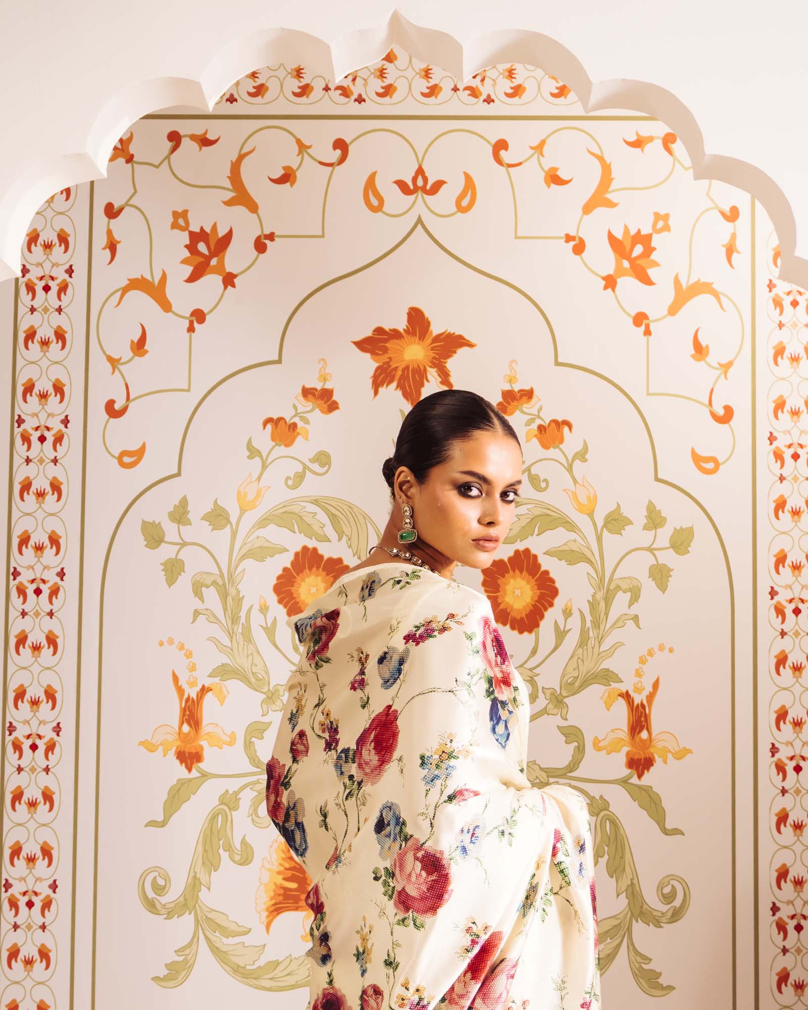 White Satin Crepe Silk Saree