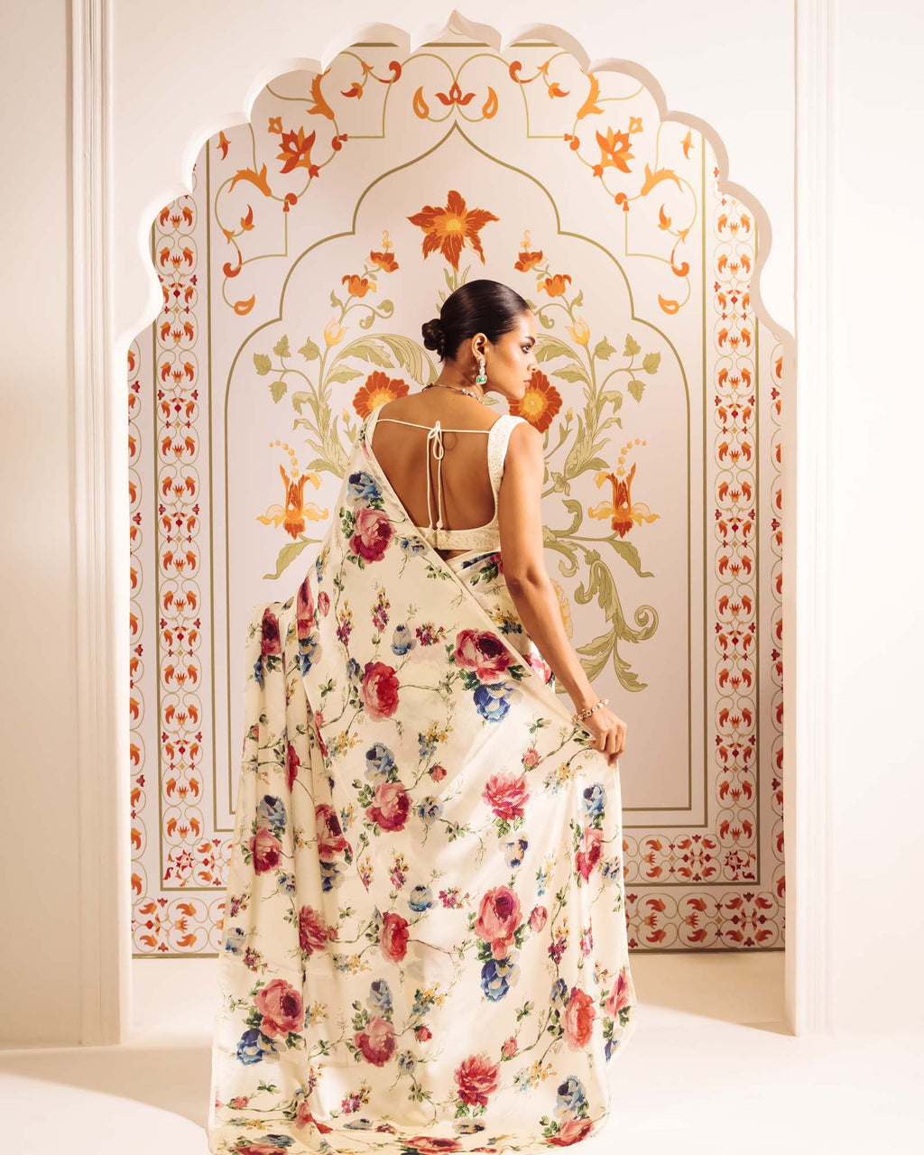 White Satin Crepe Silk Saree