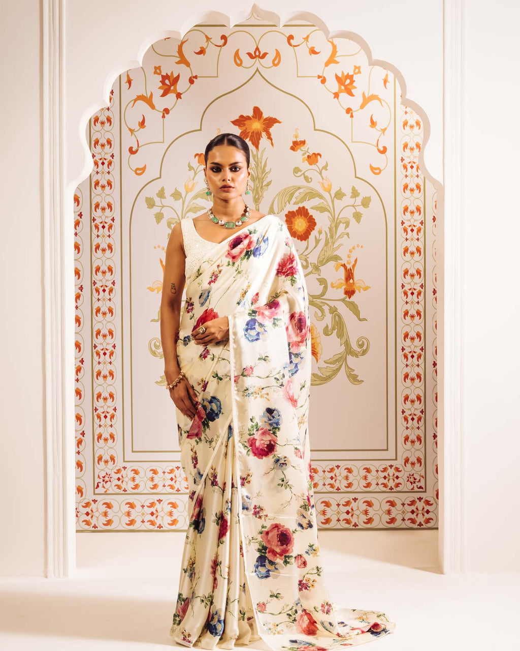 White Satin Crepe Silk Saree