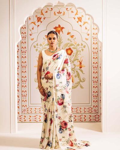 White Satin Crepe Silk Saree