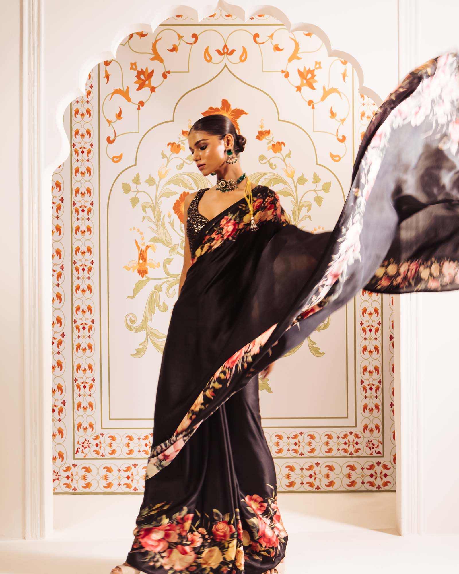 Black Satin Crepe Silk Saree