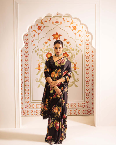 Black Satin Crepe Saree