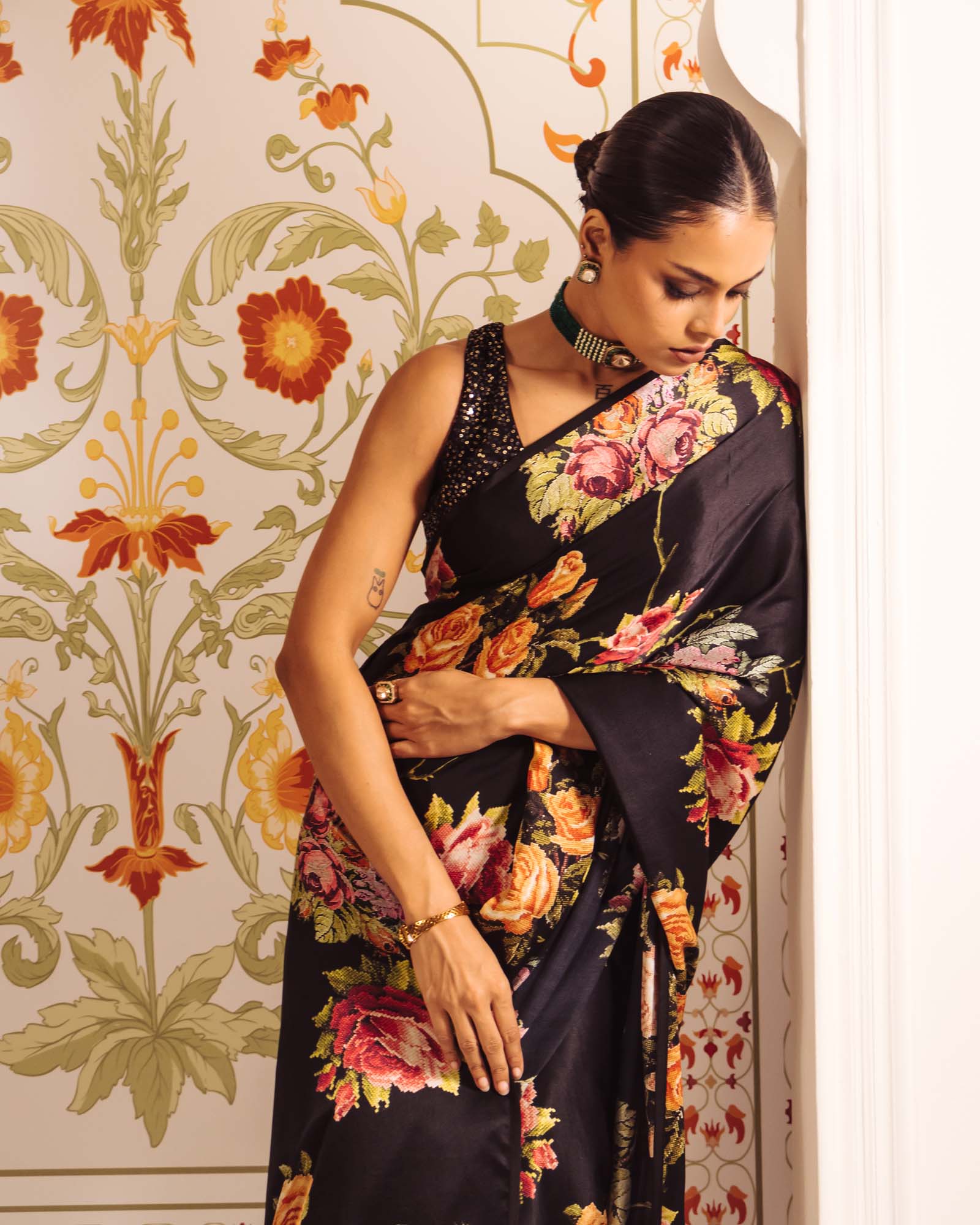 Black Satin Crepe Saree