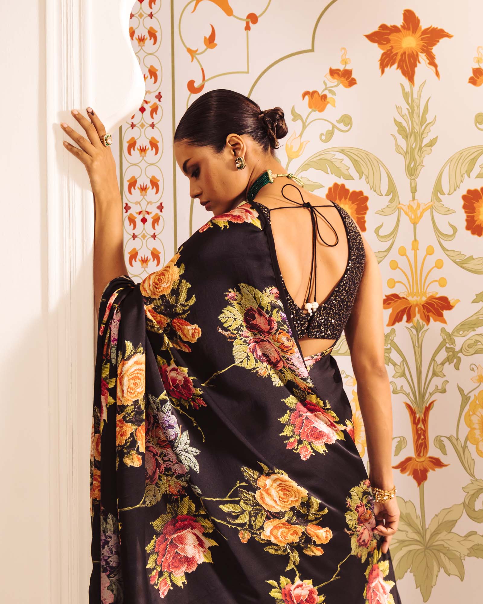 Black Satin Crepe Saree