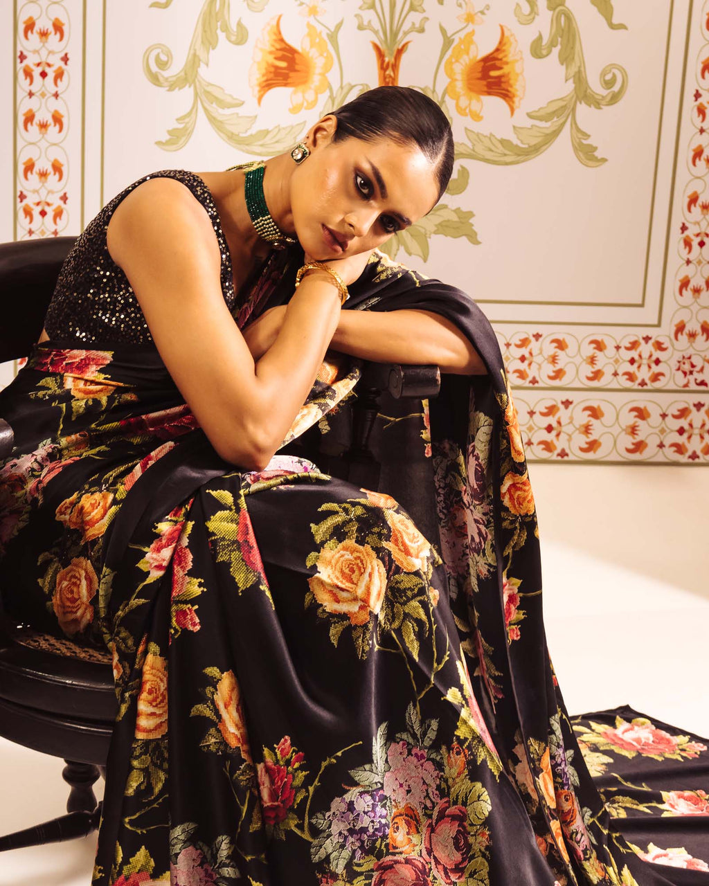 Black Satin Crepe Saree