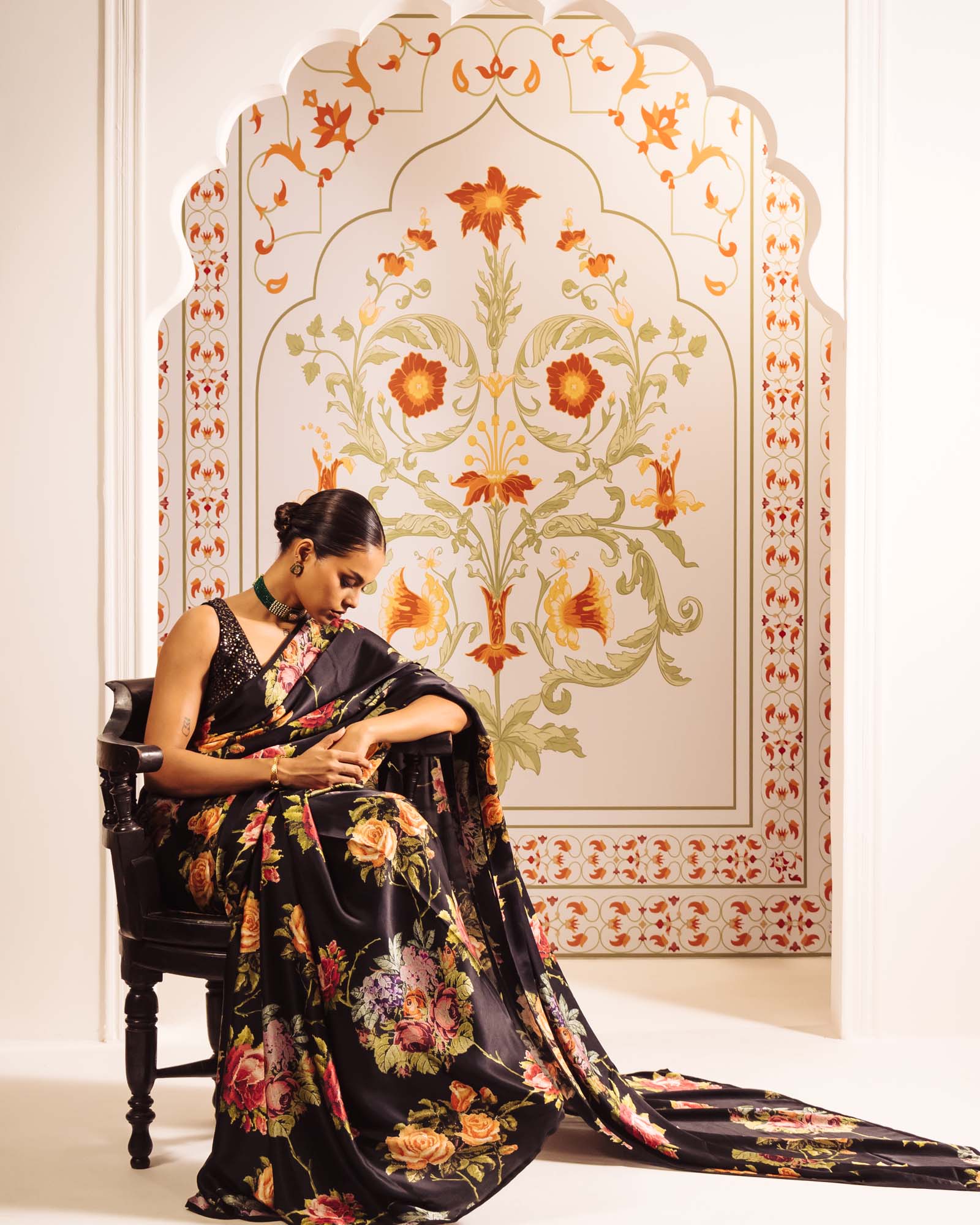Black Satin Crepe Saree