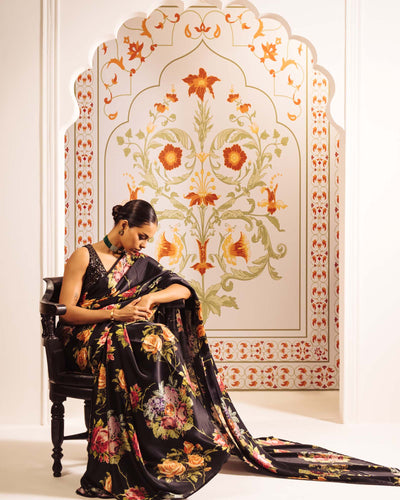 Black Satin Crepe Saree