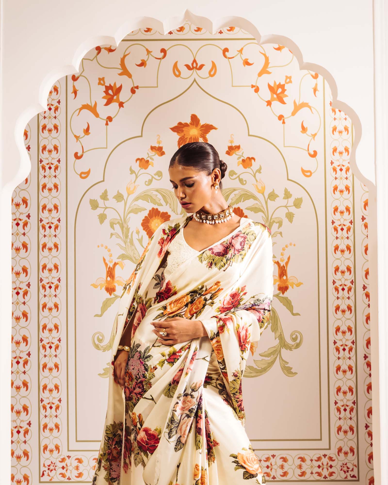 Cream Satin Crepe Silk Saree