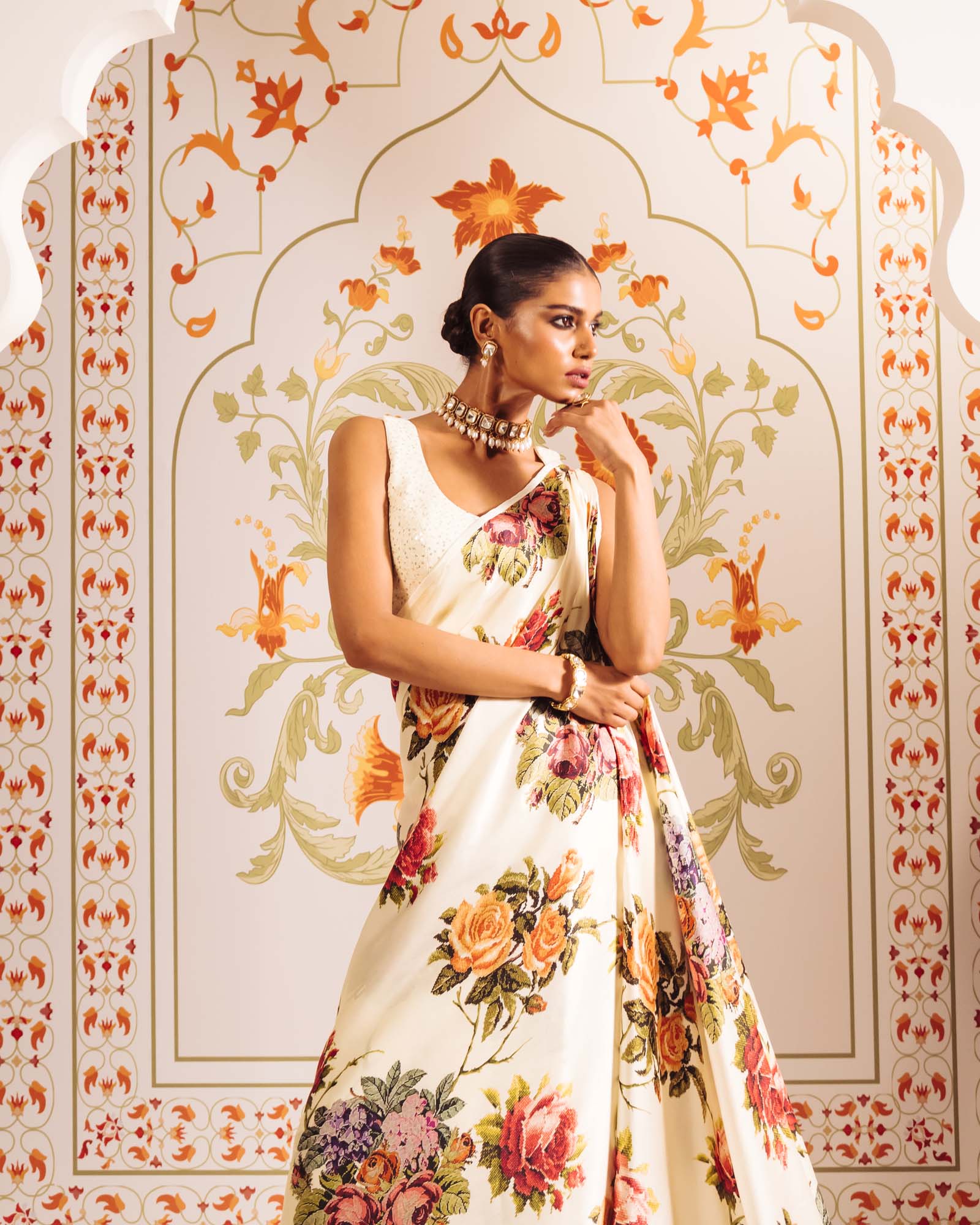 Cream Satin Crepe Silk Saree