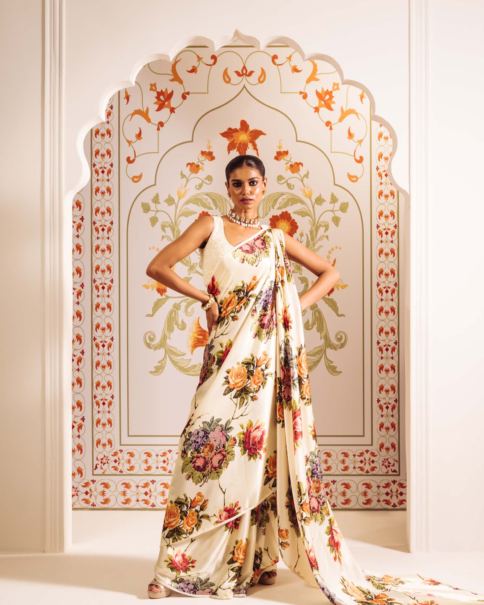 Cream Satin Crepe Silk Saree