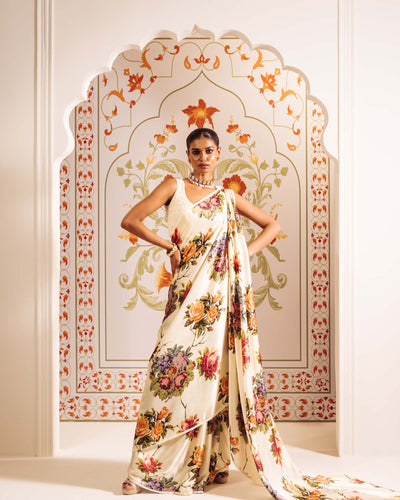 Cream Satin Crepe Silk Saree