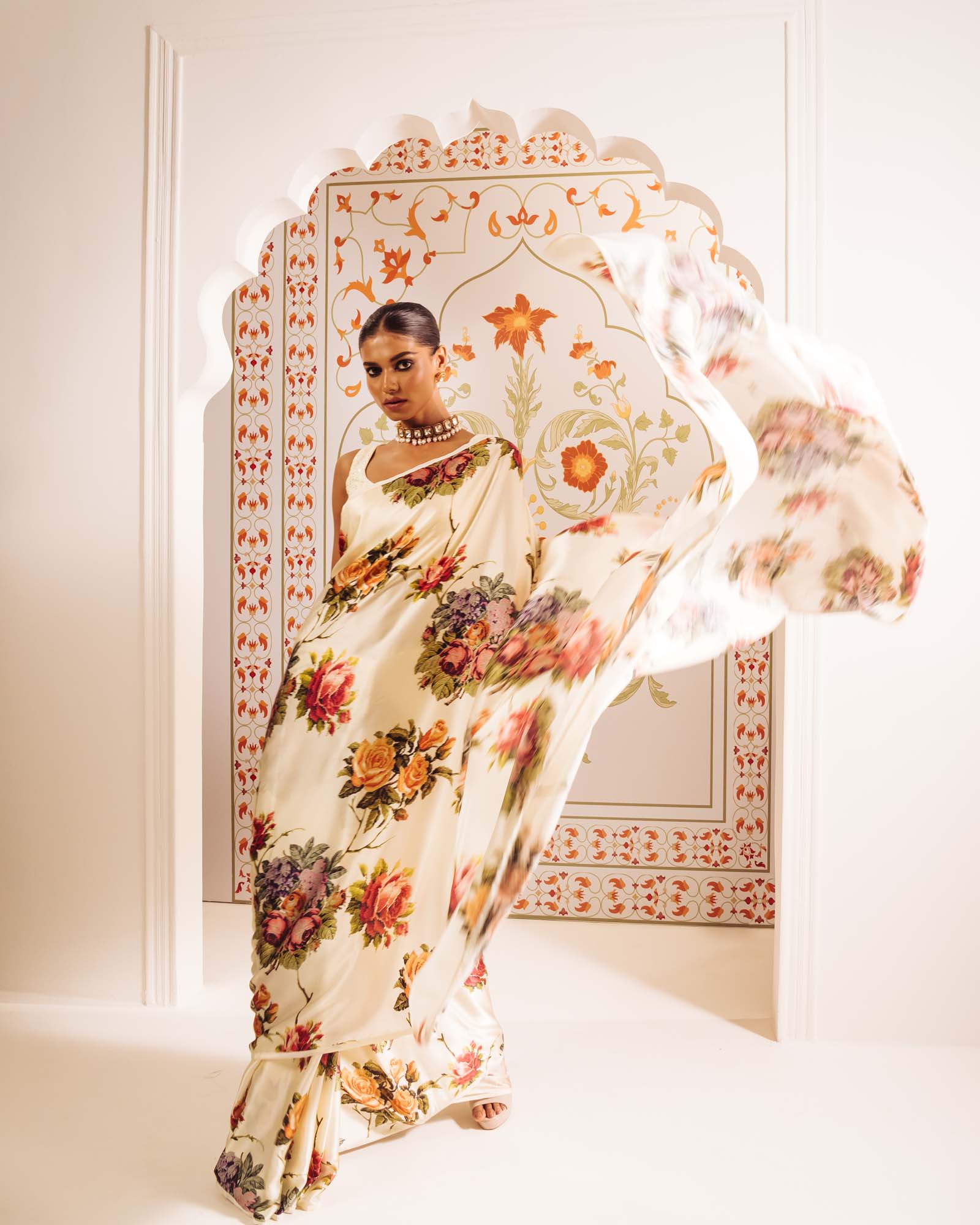 Cream Satin Crepe Silk Saree