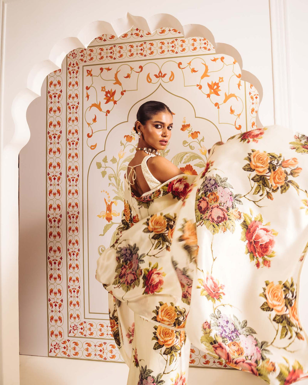 Cream Satin Crepe Silk Saree
