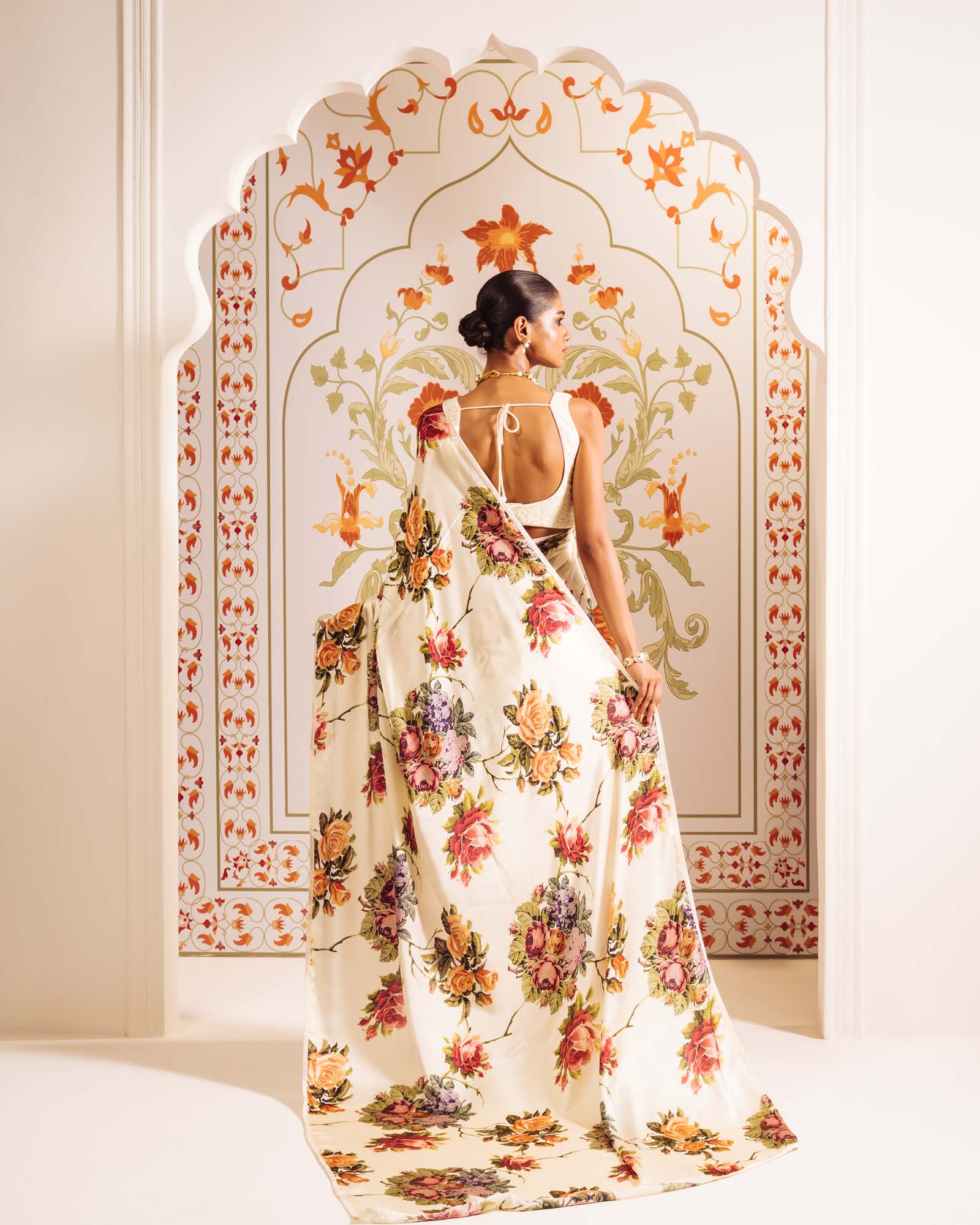 Cream Satin Crepe Silk Saree