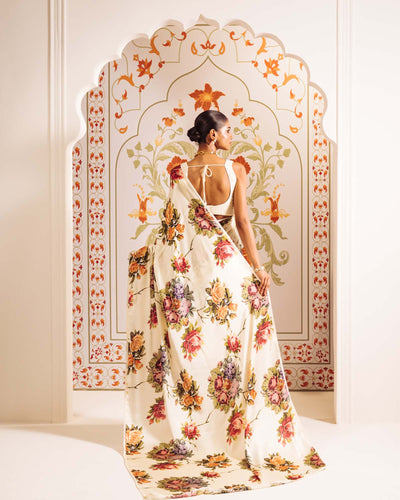 Cream Satin Crepe Silk Saree