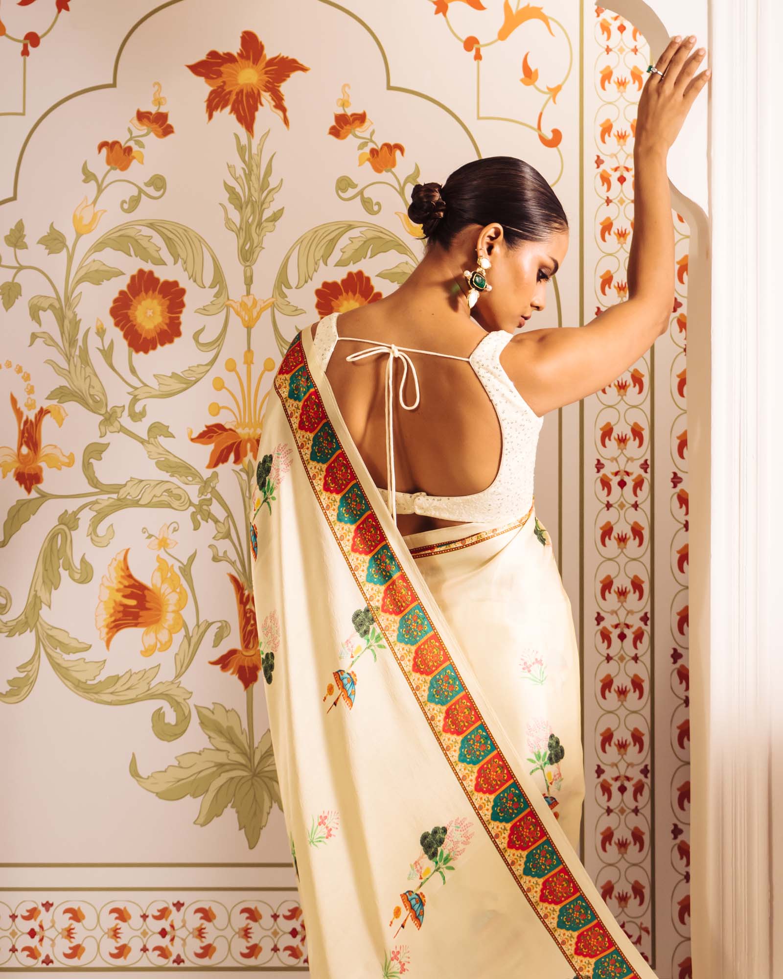 Cream Satin Crepe Saree